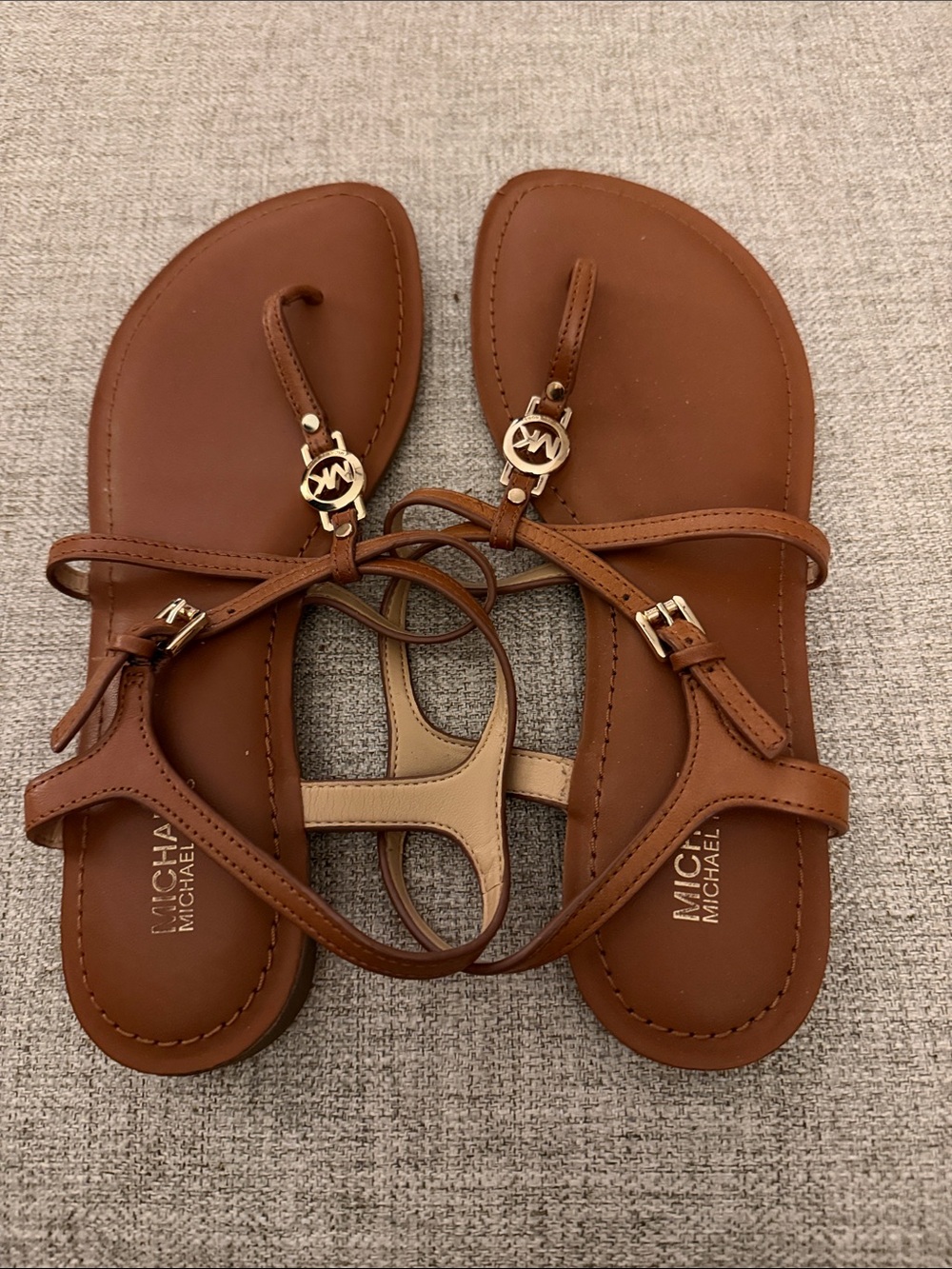 Michael Kors Tan Leather T-Strap Logo Sandals